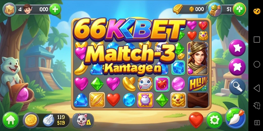 Screenshot utama 66KBET menampilkan gameplay Match-3 yang penuh warna.
