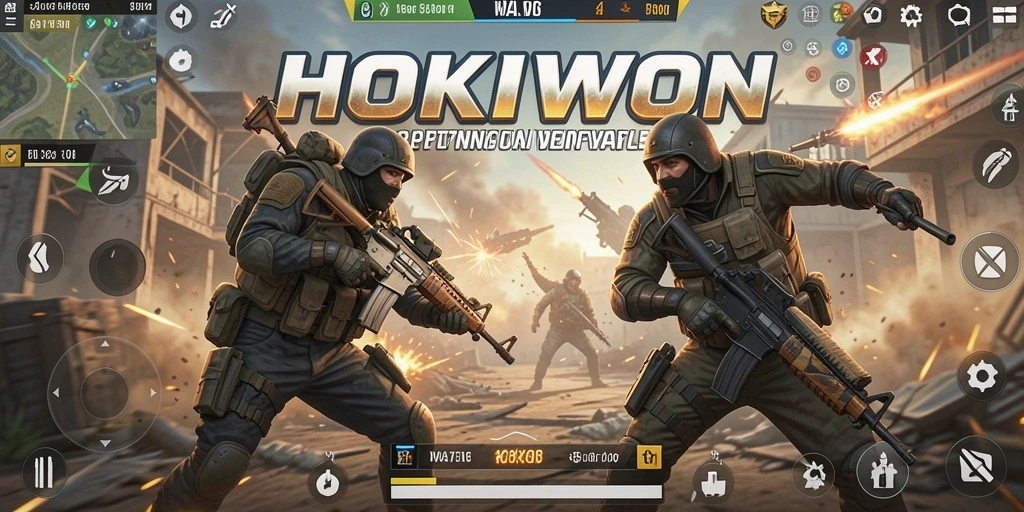Gameplay HOKIWON yang dinamis dan menarik di arena Battle Royale.