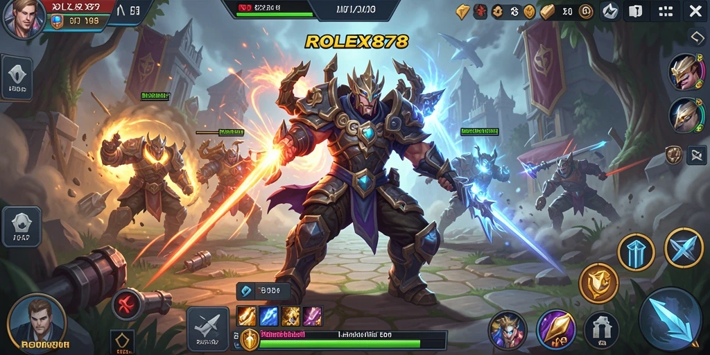 Screenshot gameplay ROLEX878 menampilkan pertarungan seru antara karakter-karakter MOBA.
