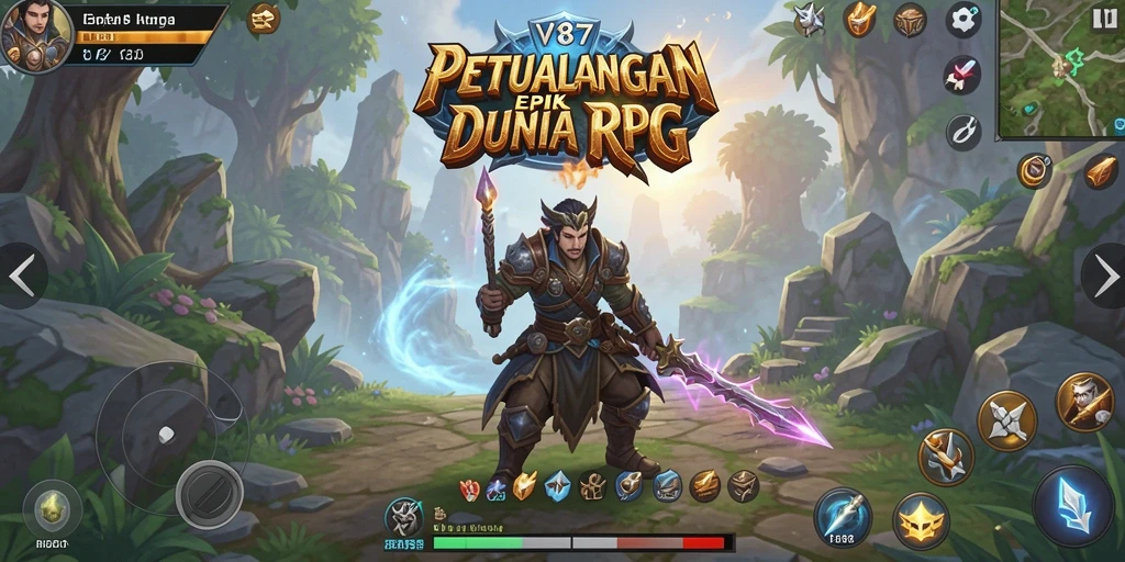 Screenshot utama V87 menampilkan pertempuran seru dalam dunia RPG.